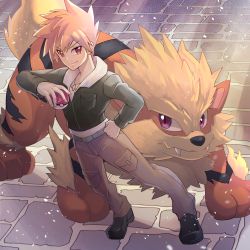 Rule 34 | 1boy, arcanine, belt buckle, black footwear, blue oak, boots, breast pocket, brown pants, buckle, closed mouth, commentary request, creatures (company), game freak, gen 1 pokemon, grey jacket, hand on own hip, highres, holding, holding poke ball, jacket, leather, leather jacket, long sleeves, male focus, nintendo, orange hair, pants, pocket, poke ball, poke ball (basic), pokemon, pokemon (creature), pokemon hgss, shirt, short hair, smile, spiked hair, standing, white shirt, zeroki (izuno)