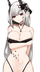 Rule 34 | 1girl, absurdres, anchor necklace, arknights, arm behind back, bare shoulders, black choker, breast hold, breasts, choker, cleavage, commentary, hair ornament, highleg, highleg panties, highres, holding, horns, jewelry, large breasts, long hair, looking at viewer, material growth, mudrock (arknights), navel, necklace, oripathy lesion (arknights), panties, pointy ears, red eyes, solo, stomach, touko (toko12 tooko), underwear, white hair