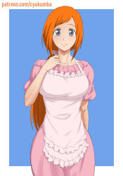 Rule 34 | 1girl, apron, bleach, blue background, border, breasts, cherrycola, collarbone, commentary, dress, english commentary, grey eyes, highres, inoue orihime, large breasts, long dress, long hair, orange hair, patreon username, pink dress, short sleeves, smile, solo, very long hair, watermark, web address, white apron, white border