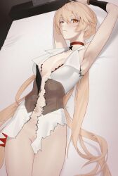 Rule 34 | 1girl, armpits, blonde hair, blush, bound, bound arms, bra, breasts, brown corset, choker, collarbone, commentary, corset, dress, feet out of frame, girls&#039; frontline, highres, long hair, looking at viewer, lying, medium breasts, navel, no panties, on back, on bed, open mouth, orange eyes, ots-14 (girls&#039; frontline), parted lips, presenting armpit, red bra, red choker, saturndxy, simple background, solo, star (symbol), torn bra, torn clothes, torn dress, underwear, very long hair, white dress