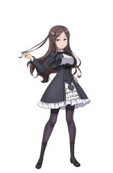 Rule 34 | 1girl, black footwear, boots, breasts, brown hair, dorothy (princess principal), frilled skirt, frills, full body, hand on own hip, hand up, highres, long hair, looking at viewer, medium breasts, official art, pantyhose, playing with own hair, princess principal, princess principal game of mission, purple eyes, school uniform, skirt, smile, solo, standing, transparent background, white skirt