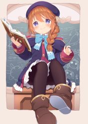 Rule 34 | 1girl, beret, black hat, black pantyhose, blue bow, blue coat, blue eyes, blush, book, boots, bow, braid, brown footwear, brown hair, closed mouth, coat, collared dress, commentary request, dress, frilled dress, frills, hair between eyes, hair over shoulder, hat, highres, holding, holding book, hood, hood down, hooded coat, long hair, long sleeves, looking at viewer, muku (muku-coffee), open book, pantyhose, princess connect!, shoe soles, sitting, sleeves past wrists, smile, solo, twin braids, twintails, v-shaped eyebrows, white dress, yuni (princess connect!)