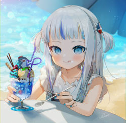 Rule 34 | 1girl, :q, beach, beach umbrella, bloop (gawr gura), blue eyes, blue hair, blue nails, blunt bangs, blush, day, eating, fingernails, food, frilled sleeves, frills, gawr gura, gotou (nekocat), hair ornament, highres, hololive, hololive english, ice cream, long hair, multicolored hair, nail polish, open mouth, shark hair ornament, shirt, short sleeves, silver hair, smile, solo, streaked hair, summer, suspenders, tongue, tongue out, two side up, umbrella, virtual youtuber, white shirt