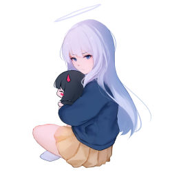 Rule 34 | 1girl, black hair, blue eyes, blue sweater, brown skirt, character doll, closed mouth, hugging doll, from side, frown, halo, highres, horns, indian style, long hair, long sleeves, looking at viewer, miniskirt, no shoes, hugging object, original, pleated skirt, red horns, shimmer, simple background, sitting, skirt, solo, sweater, white background