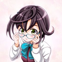 Rule 34 | 10s, 1girl, adjusting eyewear, ahoge, blouse, blue-framed eyewear, blush, brown hair, commentary request, dress, glasses, green eyes, hair ornament, hairclip, kantai collection, long sleeves, looking at viewer, multicolored hair, okinami (kancolle), pink hair, purple hair, ribbon, school uniform, shirt, side ponytail, sleeveless, sleeveless dress, smile, solo, tk8d32, white shirt