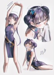 Rule 34 | 1girl, absurdres, armpits, arms up, blue archive, blue eyes, blush, breasts, butterfly hair ornament, china dress, chinese clothes, closed mouth, commentary, double bun, dragon print, dress, grey background, hair bun, hair ornament, halo, han seol, highres, holding, holding towel, kisaki (blue archive), looking at viewer, multiple views, musical note, one eye closed, pelvic curtain, print dress, simple background, sleeveless, sleeveless dress, small breasts, standing, stretching, sweat, thighs, towel, twintails