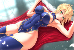 Rule 34 | 1girl, ahoge, armpits, artoria pendragon (fate), artoria pendragon (lancer) (fate), bare shoulders, blonde hair, blue leotard, blue thighhighs, blush, braid, braided bun, breasts, cape, cleavage, closed mouth, commentary request, covered navel, crown, eyes visible through hair, fate/grand order, fate (series), fur trim, green eyes, hair bun, heattech leotard, highleg, highleg leotard, highres, indoors, large breasts, leotard, looking at viewer, lying, nekoda (maoda), on back, on floor, petals, red cape, revision, smile, solo, thighhighs, thighs, turtleneck, wide hips
