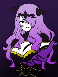 Rule 34 | 1girl, artist request, breasts, camilla (fire emblem), cleavage, female focus, fire emblem, gradient background, hair over one eye, highres, looking at viewer, nintendo, purple eyes, purple hair, solo