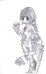 Rule 34 | 1girl, artist request, dark cloud, gloves, highres, long hair, monochrome, simple background, sketch, solo, sword, tagme, traditional media, very long hair, weapon, white background