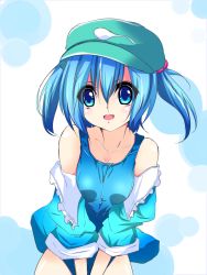 Rule 34 | 1girl, asn s, bad id, bad pixiv id, bare shoulders, blue eyes, blue hair, breasts squeezed together, breasts, collarbone, hair bobbles, hair ornament, hat, jacket, kawashiro nitori, matching hair/eyes, medium breasts, off shoulder, open clothes, open jacket, open mouth, school swimsuit, smile, solo, swimsuit, swimsuit under clothes, touhou, twintails, two side up, v arms