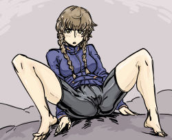 Rule 34 | 1girl, amane suzuha, bad id, barefoot, bb (baalbuddy), bike shorts, braid, breasts, brown hair, cameltoe, colorized, inactive account, jacket, long hair, solo, spread legs, steins;gate, track jacket, twin braids, yellow eyes
