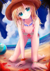 Rule 34 | 1girl, all fours, bad id, bad pixiv id, ball, bare shoulders, barefoot, beach, beachball, bikini, blonde hair, blush, bracelet, breasts, breasts apart, cleavage, cloud, collarbone, day, female focus, fisheye, frilled bikini, frills, goggles, goggles around neck, green eyes, hair between eyes, hat, head tilt, jewelry, legs, lens flare, long hair, looking at viewer, mikanmelon, navel, ocean, original, outdoors, palm tree, scrunchie, side-tie bikini bottom, sky, small breasts, smile, solo, straw hat, striped bikini, striped clothes, swimsuit, tree, vertical stripes, water