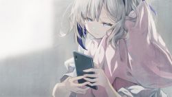 Rule 34 | 1girl, amane kanata, anzi, blue eyes, blue hair, cellphone, closed mouth, commentary request, grey hair, half-closed eyes, highres, holding, holding phone, hololive, looking away, multicolored hair, hugging object, phone, pillow, pillow hug, puffy short sleeves, puffy sleeves, shirt, short sleeves, solo, two-tone hair, upper body, virtual youtuber, white shirt
