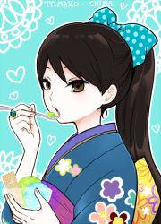Rule 34 | 1girl, :o, alternate hairstyle, aqua background, black hair, blue bow, blue kimono, bow, brown eyes, character name, chestnut mouth, cup, eating, eyelashes, fingernails, floral print, food, from side, hair bow, hair up, han&#039;eri, heart, heart background, holding, holding cup, holding food, holding spoon, ice cream, japanese clothes, jewelry, kimono, looking at viewer, looking to the side, obiage, official art, outline, parted lips, polka dot, polka dot bow, ponytail, print kimono, ring, romaji text, sana (memechi), shima tamako, solo, sparkle, spoon, taishou otome otogibanashi, tongue, upper body, wafer, white outline