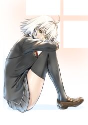 Rule 34 | 1girl, ahoge, black jacket, black thighhighs, closed mouth, commentary request, fate/grand order, fate (series), grey skirt, hair between eyes, highres, jacket, jeanne d&#039;arc alter (fate), kaijin-m, long sleeves, looking at viewer, official alternate costume, pleated skirt, short hair, sitting, skirt, smile, solo, thighhighs, yellow eyes
