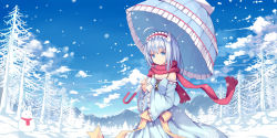 Rule 34 | 1girl, :3, absurdres, ahoge, bad id, bad pixiv id, bare tree, blue dress, blue eyes, blue hair, blue sky, blush, breasts, cloud, cowboy shot, day, detached sleeves, dress, forest, frilled sleeves, frilled umbrella, frills, hairband, highres, holding, holding umbrella, hzyang, lolita hairband, long hair, long sleeves, looking at viewer, mountainous horizon, nature, original, red scarf, ribbon, scarf, sky, small breasts, snow, snowflakes, snowing, snowman, solo, standing, tareme, tree, umbrella, wide sleeves, winter, yellow ribbon