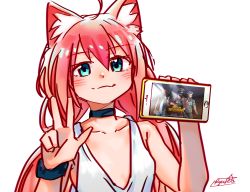 Rule 34 | 1girl, :3, absurdres, ahoge, animal ear fluff, animal ears, black choker, blue eyes, blush, cat ears, choker, closed mouth, hands up, highres, hinata channel, long hair, looking at viewer, low twintails, nekomiya hinata, pink hair, playerunknown&#039;s battlegrounds, ryusei hashida, shirt, signature, simple background, smile, solo, twintails, v, virtual youtuber, white background, white shirt, wristband
