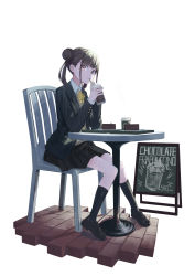 Rule 34 | 1girl, absurdres, artist request, black jacket, black socks, brown eyes, brown hair, cake, chair, chalkboard sign, chocolate cake, commentary request, cup, disposable cup, double bun, drinking, food, full body, hair bun, highres, idolmaster, idolmaster shiny colors, jacket, kneehighs, loafers, long sleeves, looking at viewer, medium hair, miniskirt, neck ribbon, plaid, plaid skirt, pleated skirt, ribbon, school uniform, shoes, short twintails, sitting, skirt, socks, solo, sonoda chiyoko, sweater vest, table, twintails, white background, yellow ribbon