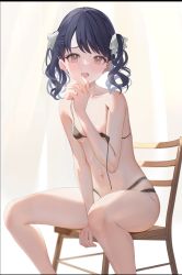 Rule 34 | 1girl, :d, absurdres, amrita (amber78gou), bare arms, bare legs, bare shoulders, between legs, bikini, black bikini, black hair, blush, breasts, chair, collarbone, commentary, curly hair, fukumaru koito, hand between legs, highres, idolmaster, idolmaster shiny colors, looking at viewer, micro bikini, multi-strapped bikini, navel, on chair, open mouth, red eyes, ribbon, sitting, skindentation, small breasts, smile, solo, stomach, string bikini, sunlight, sweat, swept bangs, swimsuit, symbol-only commentary, thighs, twintails, untied bikini, white ribbon