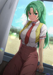 Rule 34 | 1girl, blush, dress, green eyes, green hair, highres, higurashi no naku koro ni, leaning back, lens flare, looking at viewer, ocza, open clothes, open vest, ponytail, red dress, red neckwear, shirt, smile, solo, sonozaki mion, vest, white curtains, window, yellow vest