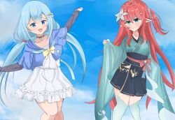 Rule 34 | 2girls, absurdres, akiko sushi, amami ami, blue eyes, blue hair, blush, blush stickers, commission, dress, flower, hair flower, hair ornament, highres, knees up, long hair, multiple girls, open mouth, prism project, rainbow, red hair, ribbon, shirt, skirt, sky, smile, virtual youtuber, vreverie