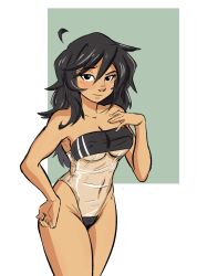 Rule 34 | 1girl, black eyes, black hair, breasts, cleavage, covered erect nipples, cowboy shot, double vertical stripe, gris swimsuit, hand on own hip, highleg, highleg swimsuit, highres, medium breasts, meme attire, one-piece swimsuit, original, see-through, see-through one-piece swimsuit, spicymancer, strapless, strapless one-piece swimsuit, swimsuit, underboob