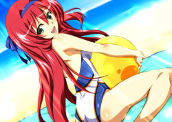 Rule 34 | ball, beach, beachball, day, green eyes, highres, ka2, long hair, looking back, one-piece swimsuit, original, red hair, sitting, solo, swimsuit, wariza