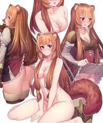Rule 34 | 1girl, animal ears, ass, blunt bangs, blush, breast tattoo, breasts, brown hair, cleavage, closed mouth, clothes lift, collarbone, commentary, dress, dress lift, english commentary, hair censor, highres, iwbitu, large breasts, lifting own clothes, long hair, looking at viewer, medium breasts, multiple views, navel, nude, purple eyes, raccoon ears, raccoon girl, raccoon tail, raphtalia, simple background, sitting, slave, smile, tail, tate no yuusha no nariagari, tattoo, white background