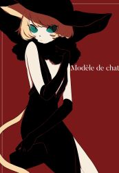 Rule 34 | 1girl, absurdres, animal ears, backless dress, backless outfit, bad id, bad twitter id, bare shoulders, black dress, black gloves, black hat, black neckwear, blonde hair, blue eyes, bob cut, cat ears, cat tail, closed mouth, dress, expressionless, feather boa, female focus, french text, furry, furry female, gloves, hat, highres, looking at viewer, original, rasetsukei, red background, simple background, slit pupils, solo, tail