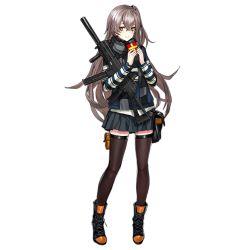 Rule 34 | 1girl, black footwear, black scarf, black skirt, black thighhighs, blush, boots, brown eyes, closed mouth, crossed bangs, full body, gift, girls&#039; frontline, grey hair, gun, h&amp;k ump, hair between eyes, hands up, heckler &amp; koch, holding, holding gift, holding gun, holding weapon, infukun, long hair, looking at viewer, miniskirt, official alternate costume, official art, one side up, pleated skirt, scar, scar across eye, scar on face, scarf, skirt, smile, solo, standing, striped clothes, striped scarf, striped sweater, submachine gun, sweater, thighhighs, transparent background, ump45 (&quot;just this time.&quot;) (girls&#039; frontline), ump45 (girls&#039; frontline), valentine, very long hair, weapon, zettai ryouiki