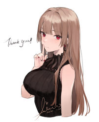 Rule 34 | 1girl, aiko (kanl), azur lane, bare arms, bare shoulders, black shirt, breasts, brown hair, closed mouth, corrupted metadata, cropped torso, cursive, earrings, finger to mouth, hand up, highres, index finger raised, jewelry, large breasts, long hair, looking at viewer, nail polish, red eyes, red nails, ribbed shirt, shirt, shushing, sidelocks, simple background, sleeveless, sleeveless shirt, sleeveless turtleneck, solo, swiftsure (azur lane), thank you, turtleneck, white background