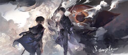 Rule 34 | 2boys, abstract background, absurdres, amon (lord of the mysteries), black coat, black eyes, black footwear, black hair, black jacket, black pants, black robe, boots, cane, chinese commentary, coat, commentary request, facing another, fog, from behind, gaural, highres, holding, holding cane, jacket, klein moretti, looking at another, lord of the mysteries, monocle, multiple boys, pants, robe, sample watermark, short hair, smile, very big eyes, watermark