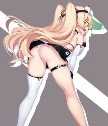 Rule 34 | 1girl, :d, ass, azur lane, bache (azur lane), bache (showy sports star) (azur lane), bare shoulders, blonde hair, blush, commentary request, detached sleeves, dev (dev0614), green-tinted eyewear, green-tinted glasses, highres, leaning forward, long hair, looking at viewer, looking back, open mouth, panties, purple eyes, simple background, single thighhigh, skindentation, smile, solo, sportswear, standing, sunglasses, tennis dress, tennis uniform, thigh strap, thighhighs, tinted eyewear, twintails, two side up, underwear, very long hair, visor cap, white panties, white thighhighs