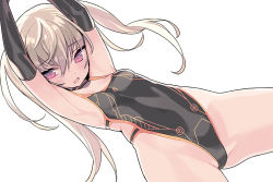 Rule 34 | 1girl, armpits, arms up, bare shoulders, black choker, black one-piece swimsuit, blade (galaxist), blush, breasts, casual one-piece swimsuit, choker, detached sleeves, fang, hair between eyes, highleg, highleg swimsuit, light brown hair, long hair, long sleeves, looking at viewer, lying, on back, one-piece swimsuit, original, parted lips, red eyes, simple background, small breasts, solo, striped, striped choker, swimsuit, twintails, white background