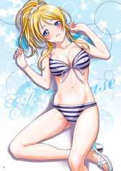 Rule 34 | 1girl, absurdres, ayase eli, bikini, blonde hair, blue background, blue eyes, blush, breasts, character name, cleavage, collarbone, covered erect nipples, diagonal stripes, front-tie bikini top, front-tie top, gluteal fold, groin, hair between eyes, hair ornament, hair scrunchie, high ponytail, highres, large breasts, long hair, looking at viewer, love live!, love live! school idol project, lying, nanno koto, navel, on back, page number, parted lips, ribbon, scrunchie, solo, striped background, striped bikini, striped clothes, swimsuit, white ribbon, white scrunchie