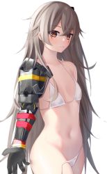 Rule 34 | 1girl, absurdres, bikini, blush, breasts, bright pupils, brown eyes, brown hair, closed mouth, collarbone, cowboy shot, girls&#039; frontline, highres, kotoha (kotoha65), long hair, looking at viewer, navel, one side up, prosthesis, prosthetic arm, scar, scar across eye, scar on face, side-tie bikini bottom, simple background, small breasts, smile, solo, stomach, swimsuit, ump45 (girls&#039; frontline), ump45 (mod3) (girls&#039; frontline), untied bikini, very long hair, white background