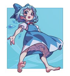Rule 34 | 1girl, :d, aqua background, aqua theme, barefoot, bloomers, blue bow, blue dress, blue eyes, blue hair, border, bow, cirno, collared shirt, commentary, dress, english commentary, hair bow, ice, ice wings, mixed-language commentary, neck ribbon, open mouth, outstretched arms, pinafore dress, red ribbon, ribbon, russian commentary, shirt, short hair, sleeveless, sleeveless dress, smile, soemy, solo, touhou, underwear, white border, white shirt, wings