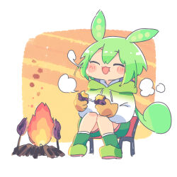 Rule 34 | 1girl, ayakashi (monkeypanch), blush stickers, boots, campfire, closed eyes, commentary, eating, fire, food, full body, full mouth, gloves, gradient clothes, green footwear, green hair, green hoodie, green shorts, hair between eyes, highres, hood, hoodie, knees together feet apart, long hair, on chair, open mouth, orange background, orange gloves, ponytail, roasted sweet potato, shorts, sitting, smile, socks, solo, steam from mouth, sweet potato, voicevox, white background, white hoodie, white socks, zundamon