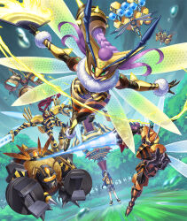 Rule 34 | 1boy, 1girl, antennae, armor, bee, black armor, black bodysuit, black hair, blonde hair, blue jacket, blurry, blurry foreground, bodysuit, breasts, bug, cannon, cannonbeemon, collared shirt, cyborg, digimon, digimon (creature), digimon (virtual pet), digimon card game, digimon liberator, dual wielding, energy blade, energy sword, evolutionary line, forest, forgebeemon, funbeemon, fur trim, grass, green-framed eyewear, green eyes, hand fan, hand in pocket, holding, holding fan, holding polearm, holding sword, holding weapon, hood, hood up, hooded jacket, incoming attack, insect, insect wings, jacket, kazuki seihou, lance, large breasts, leotard, long hair, mask, mechanical arms, motion lines, multicolored hair, multiple wings, nature, non-humanoid robot, official art, one eye closed, open mouth, polearm, purple hair, queenbeemon, red scarf, robot, robot animal, scarf, semi-rimless eyewear, shirt, streaked hair, striped clothes, striped leotard, sword, tigervespamon, trait connection, two-tone hair, under-rim eyewear, vespamon, wasp, waspmon, water drop, weapon, wings, winr (digimon), yellow armor, yellow shirt
