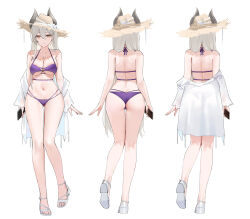 1girl absurdres ass back bare_arms bare_legs bare_shoulders bikini breasts cleavage demon_horns full_body gluteal_fold halterneck hat highres holding holding_phone horns horns_through_headwear jacket large_breasts long_hair looking_at_viewer median_furrow multi-strapped_bikini_bottom multiple_views navel off_shoulder open_clothes open_jacket original phone purple_bikini qing_wu sandals simple_background skindentation standing stomach straw_hat string_bikini swimsuit thighs underboob very_long_hair white_background white_jacket