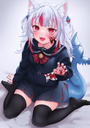 Rule 34 | 1girl, animal ear fluff, black shirt, black thighhighs, blouse, fins, fish tail, gawr gura, highres, hololive, hololive english, looking at viewer, neck bell, school uniform, serafuku, shirt, solo, tail, thighhighs, virtual youtuber, white background, zhaofeng yinyue