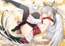 Rule 34 | 1girl, animal, bare shoulders, beads, bird, bird tail, black footwear, black hair, black thighhighs, boots, breasts, chicken, chinese zodiac, closed mouth, detached sleeves, egasumi, eyelashes, feathered wings, from side, gloves, hair between eyes, hair ribbon, hand on ankle, hand on leg, high heel boots, high heels, high ponytail, hugging own legs, japanese clothes, kimono, leg up, long hair, looking at viewer, medium breasts, multicolored hair, obi, original, ribbon, sash, short kimono, sideboob, silver hair, streaked hair, tail, thighhighs, tokki, white kimono, white wings, wings, year of the rooster, yellow background, yellow ribbon