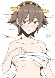 Rule 34 | 1girl, artist name, bed, bed sheet, blush, breasts, brown hair, chest sarashi, collarbone, dated, hair between eyes, headgear, hiei (kancolle), highres, kantai collection, large breasts, looking at viewer, loose clothes, lying, navel, on back, parted lips, purple eyes, sarashi, short hair, solo, taira yuuki, undone sarashi