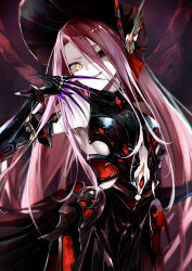 Rule 34 | 1girl, absurdres, armor, armored dress, bare shoulders, black armor, black dress, black headwear, bonnet, breasts, claw (weapon), claws, dress, fate/grand order, fate (series), faulds, grey eyes, hair between eyes, heterochromia, highres, kino kokko, long hair, looking at viewer, open mouth, red hair, small breasts, smile, solo, typhon ephemeros (fate), very long hair, weapon, yellow eyes
