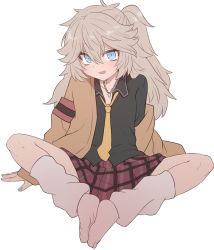 Rule 34 | 1girl, :d, black shirt, blue eyes, brown hair, brown jacket, collared shirt, fang, full body, green nails, hair between eyes, jacket, kasukabe tsumugi, long sleeves, looking at viewer, loose socks, mole, mole under eye, nail polish, necktie, no shoes, off shoulder, open clothes, open jacket, open mouth, plaid, plaid skirt, red skirt, shirt, simple background, sitting, skirt, sleeves past wrists, smile, socks, solo, sumiyao (amam), voicevox, white background, white legwear, yellow necktie