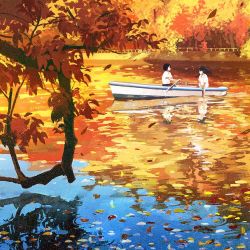 Rule 34 | 1boy, 1girl, autumn, autumn leaves, blurry, boat, commentary request, gemi, lake, leaf, long hair, original, paddle, railing, reflection, ripples, rowboat, rowing, shirt, short sleeves, sitting, tree, water, watercraft, white shirt