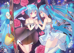 Rule 34 | 2girls, aqua eyes, aqua hair, cup, different reflection, dual persona, hatsune miku, heart, heart-shaped pupils, highres, long hair, mug, multiple girls, mvv, panda, pink eyes, reflection, symbol-shaped pupils, thighhighs, toothbrush, twintails, very long hair, vocaloid, wings