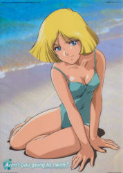 Rule 34 | 1girl, absurdres, aqua one-piece swimsuit, beach, blonde hair, blue eyes, blue one-piece swimsuit, blurry, bob cut, breasts, casual one-piece swimsuit, cleavage, collarbone, day, depth of field, dokite tsukasa, english text, gundam, head tilt, highres, looking at viewer, mobile suit gundam, one-piece swimsuit, outdoors, parted bangs, retro artstyle, sayla mass, short hair, sitting, smile, solo, strap slip, sunrise (company), swept bangs, swimsuit, thighs, water, yokozuwari