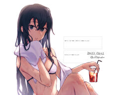 Rule 34 | 1girl, artist name, bikini, black hair, blue eyes, blush, breasts, commentary request, cup, dated, drink, drinking straw, highres, holding, holding cup, holding drink, ice, ice cube, iced tea, imoden, long hair, looking at viewer, simple background, small breasts, solo, swimsuit, tea, towel, towel around neck, translation request, watermark, white background, white bikini, yahari ore no seishun lovecome wa machigatteiru., yukinoshita yukino