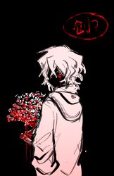 Rule 34 | 1boy, absurdres, black background, blood, bloody tears, bouquet, chinese commentary, commentary request, flower, highres, holding, holding bouquet, hood, hood down, hooded robe, long sleeves, male focus, red eyes, robe, saibou shinkyoku, shirt, short hair, simple background, sketch, solo, translation request, utsugi noriyuki, yellow pupils, yu yuan zhu